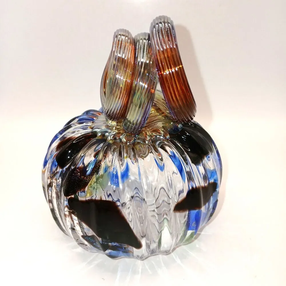 Studio Art Glass Signed Hand Blown  Pumpkin Sculpture Blue Black & Gold 5 in